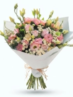 Açık Gri Ambalajlı Pembe Gül ve Lisianthus Buketi