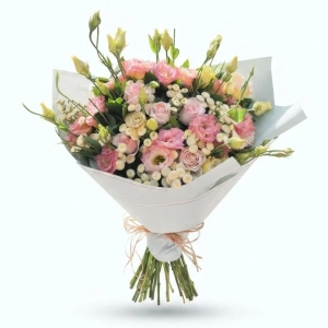 Açık Gri Ambalajlı Pembe Gül ve Lisianthus Buketi