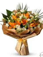 Kraft Ambalajlı Turuncu Lilyum ve Beyaz Lisianthus Buketi