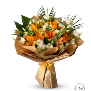 Kraft Ambalajlı Turuncu Lilyum ve Beyaz Lisianthus Buketi